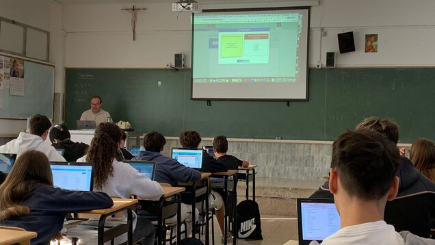 Eine Schulklasse, von hinten fotografiert. Die Schülerinnen und Schüler schauen nach vorne zu einer Leinwand, auf die von einem Beamer ein Bild projiziert wird.